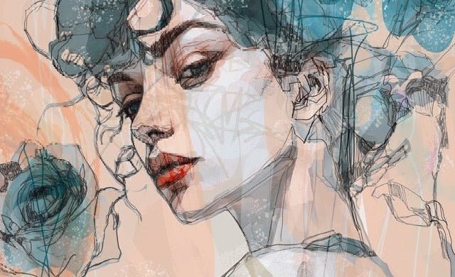 Papel pintado cara mujer rosa azul