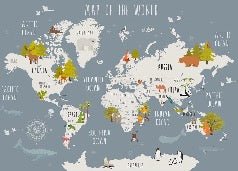 Papel pintado mapamundi ilustrado con animales grises