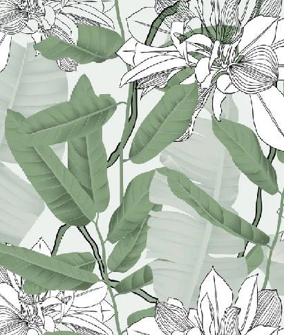 Papel pintado Follaje natural verde NB flor