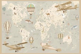 Papel pintado infantil mapa del mundo aviador