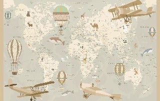 Papel pintado infantil con mapa del mundo aviador
