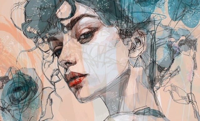 Papel pintado cara mujer rosa azul