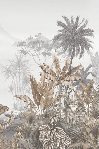 Papel pintado para baño con diseño tropical en tonos sepia