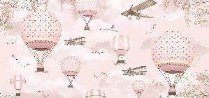 Papel pintado Globo aerostático animales rosa melocotón