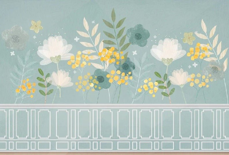 Papel pintado para cocina en verde agua y estampado floral primaveral