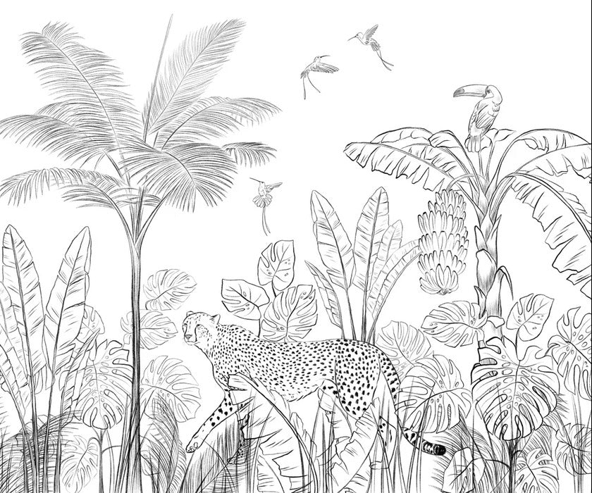 Papel pintado Selva de leopardo en blanco y negro