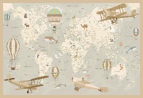 Papel pintado infantil con mapa del mundo aviador