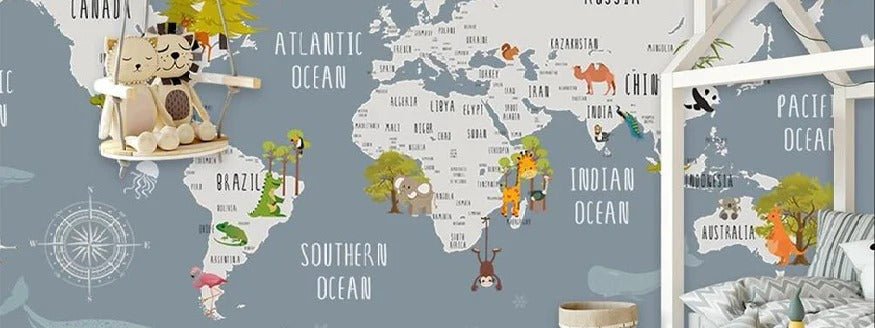 Papel pintado para habitación infantil con mapa de animales grises