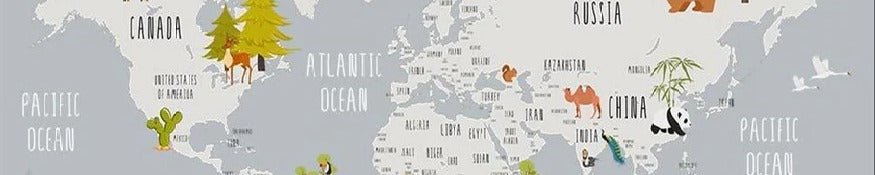 Papel pintado para habitación infantil con mapa de animales en gris claro