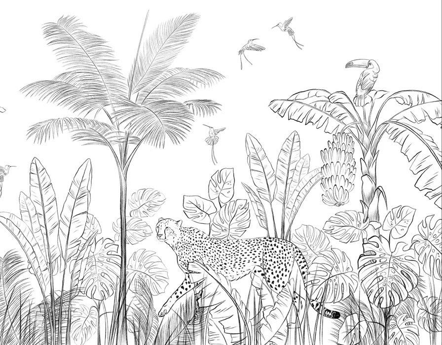 Papel pintado jungla blanco y negro leopardo