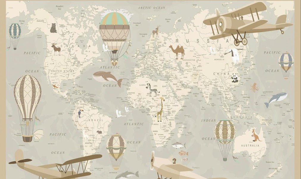 Papel pintado infantil con mapa del mundo aviador