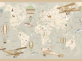 Papel pintado infantil mapa del mundo aviador