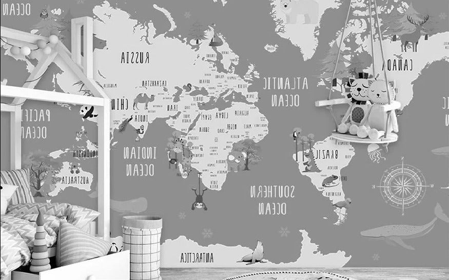 Papel pintado para habitación infantil con mapa de animales grises