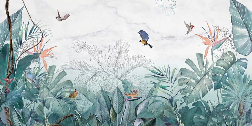 Papel pintado jungla azul mármol