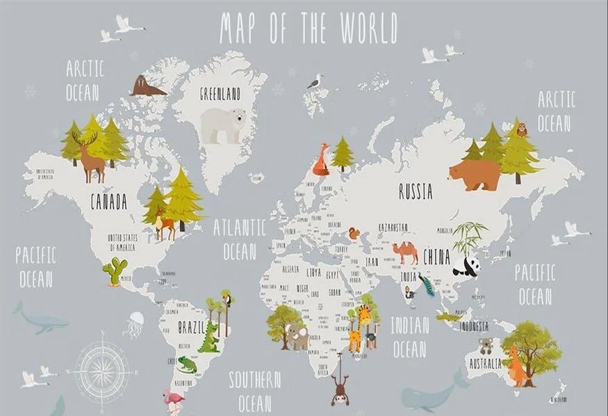 Papel pintado Dormitorio infantil mapa animales gris claro