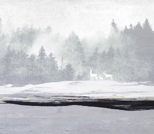Papier peint forêt brumeuse et cerfs, XXL, tendance