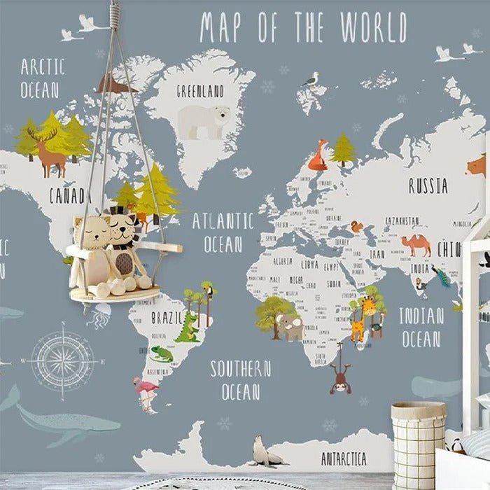 Papel pintado para habitación infantil con mapa de animales grises