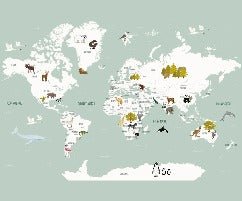 Papel pintado infantil mapamundi francés verde