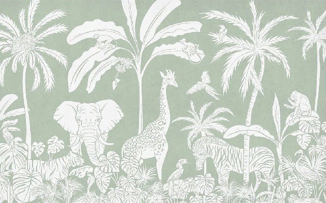Papel pintado infantil safari monocromo verde