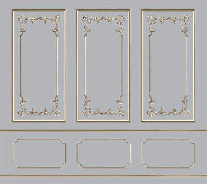 Papel pintado molduras doradas trampantojo estilo parisino
