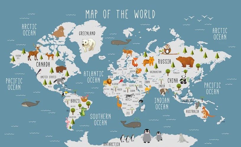 Fondo de mapa del mundo ilustrado con animales en azul oscuro