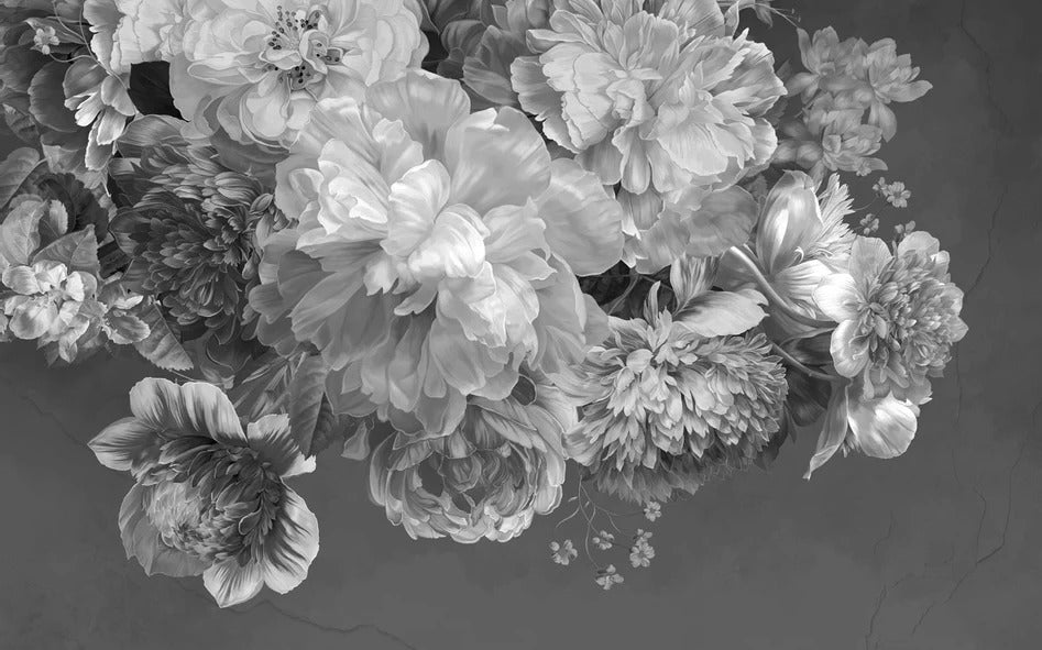 Papier peint fleur pivoine noir et blanc, XXL, tendance