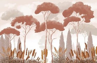 Papel pintado ciprés, pinos y hierbas de la pampa terracota