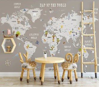 Papel pintado infantil Mapa del mundo color topo