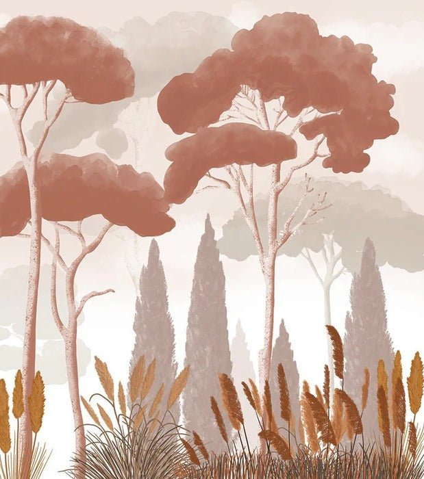 Papier peint cyprès pins et herbes de la pampa terracotta, XXL, tendance