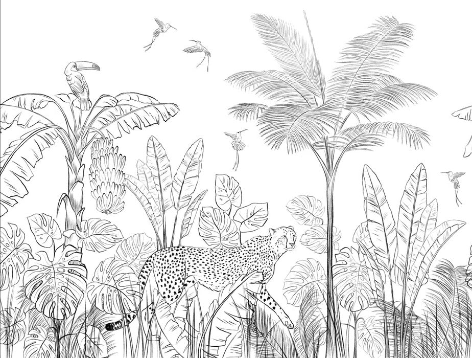 Papel pintado jungla blanco y negro leopardo