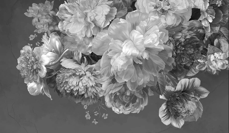 Papier peint fleur pivoine noir et blanc, XXL, tendance