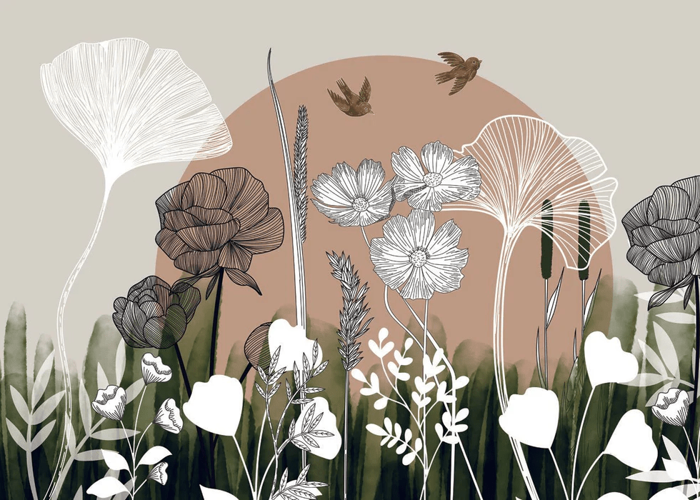Papel pintado Ilustración floral - 250 cm x 350 cm - Material Softouch
