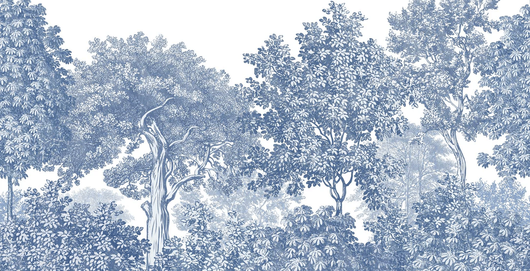 Papel pintado Paisaje Bosque Grabado Azul - H120cmx L234cm - Material Softouch