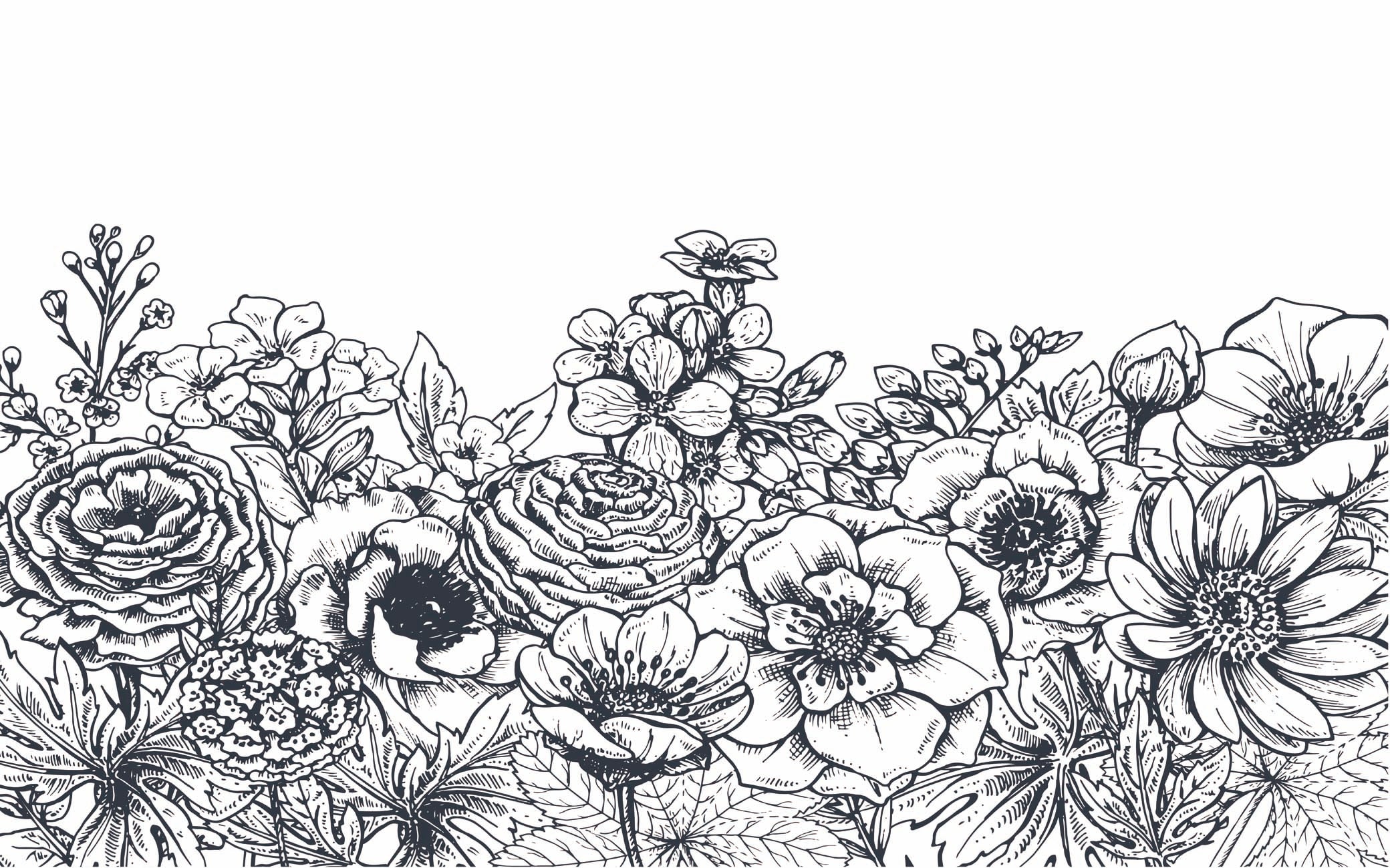 Papier peint bureau bouquet floral noir et blanc, XXL, tendance