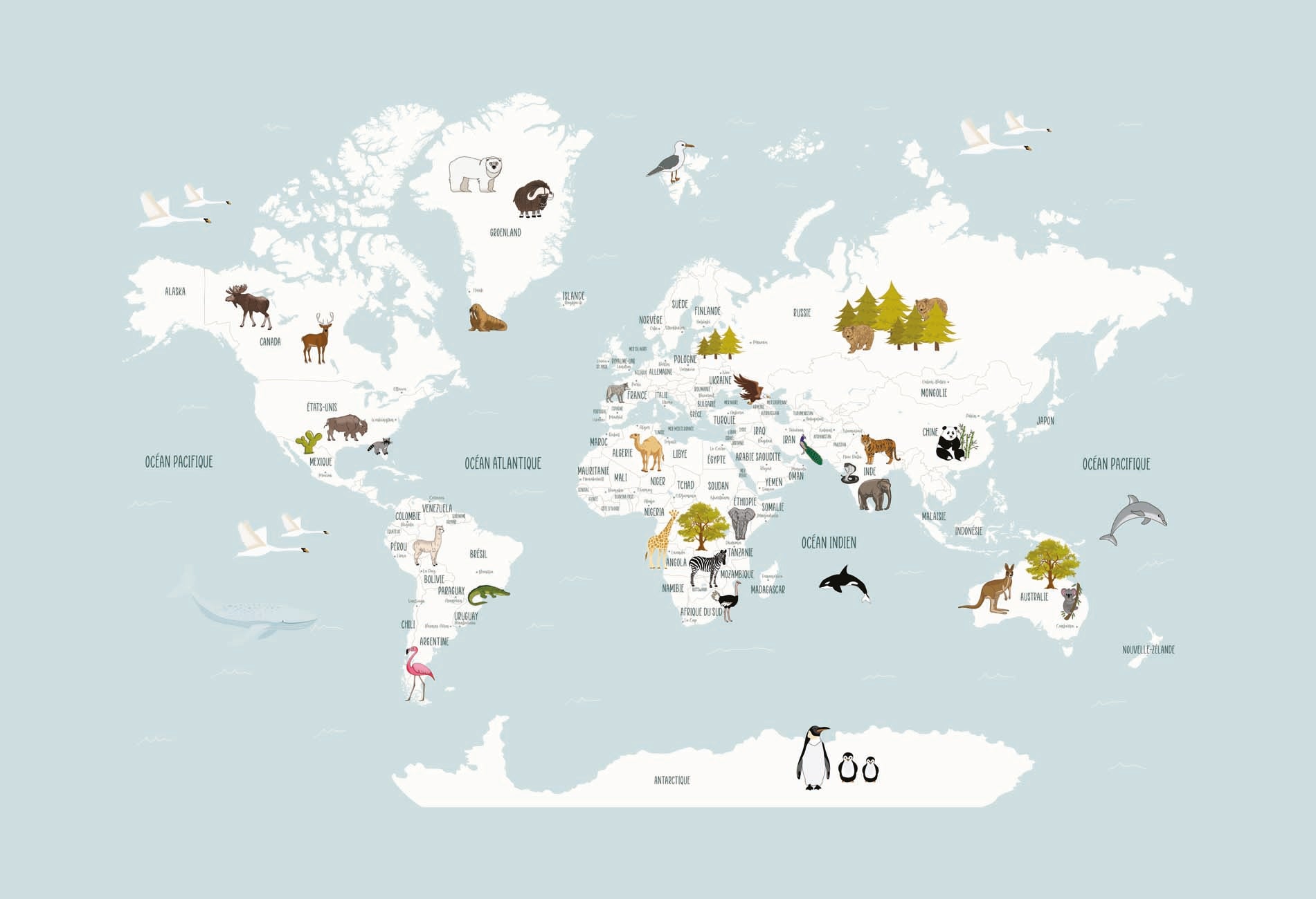 Papier peint Carte du monde en Francais enfant bleu glacier, XXL, tendance