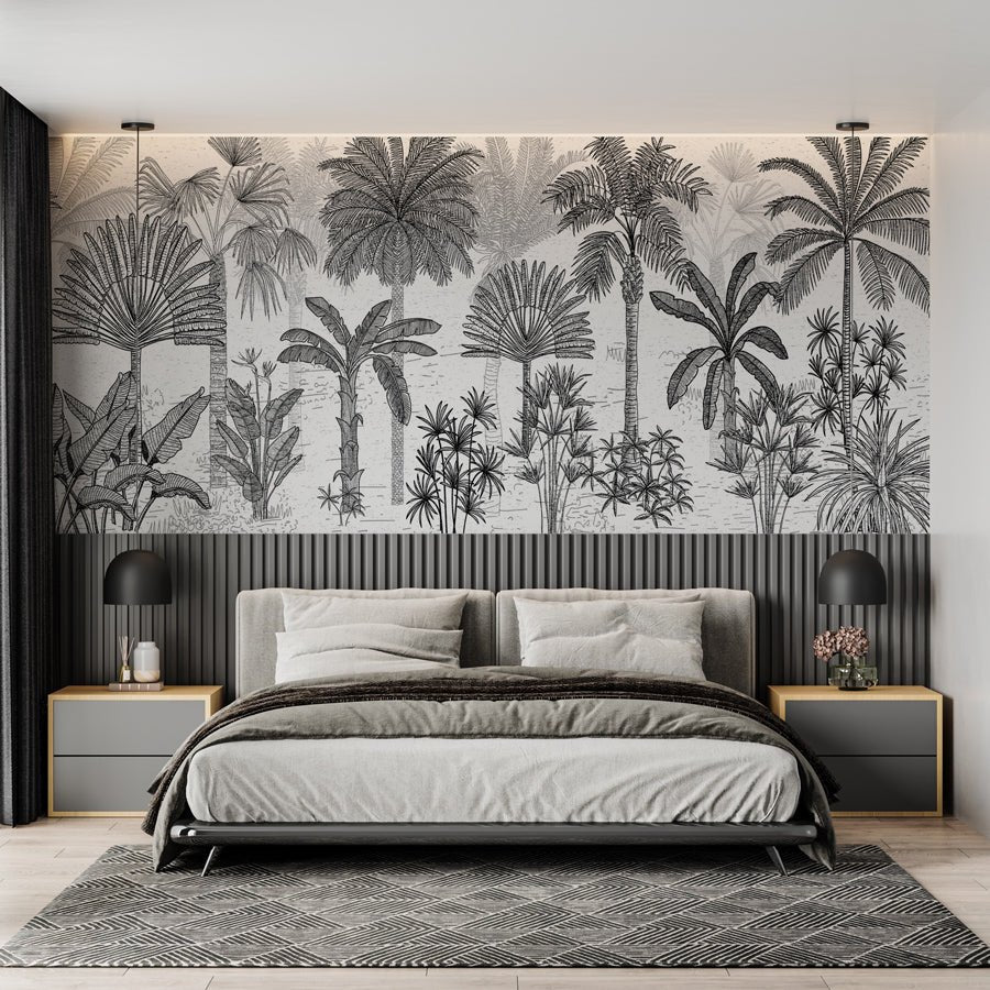 Papel pintado con motivos tropicales y cocoteros, estilo grabado