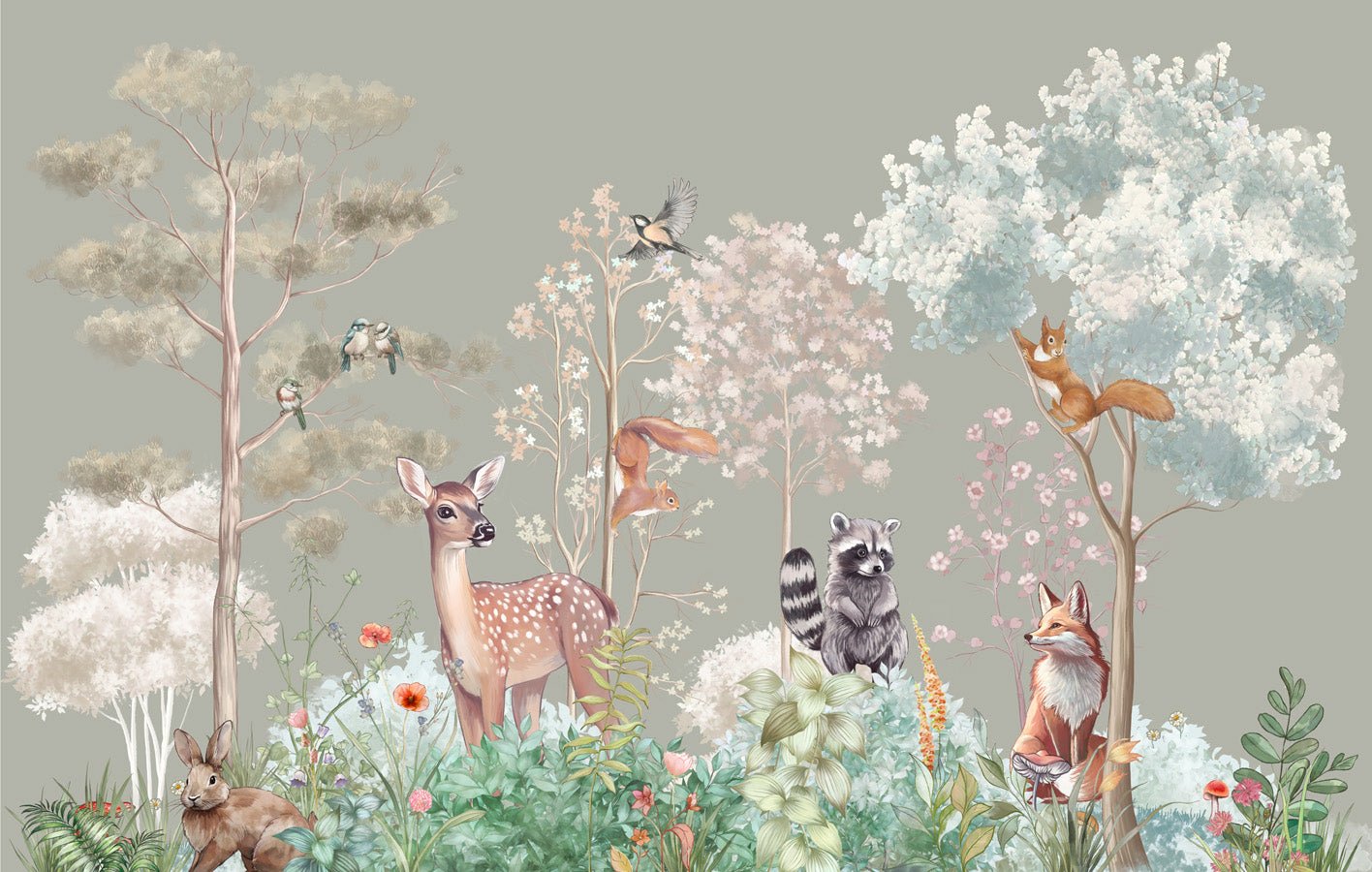 Papier peint chambre enfant nature magique sauge, mural concept, tendance