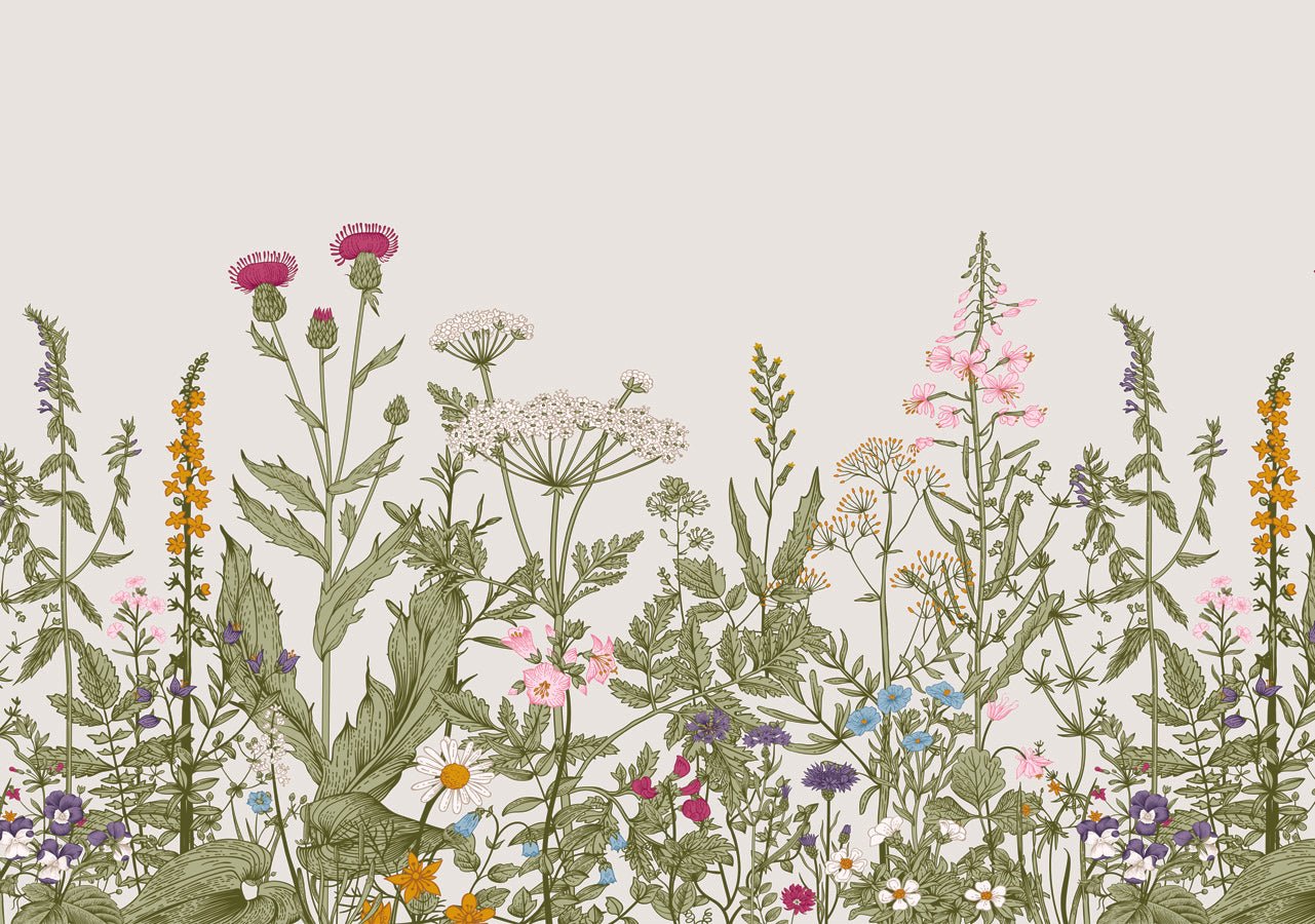 Papier peint bistrot botanique folk romantique, mural concept, tendance