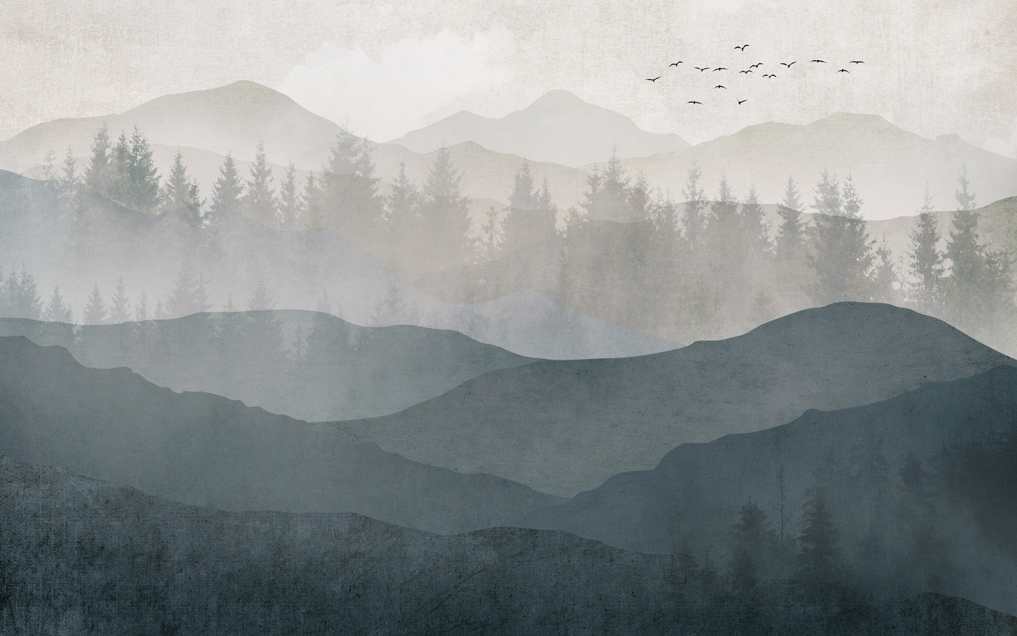 Papier peint salle de bain panorama nature noir et blanc, mural concept, tendance