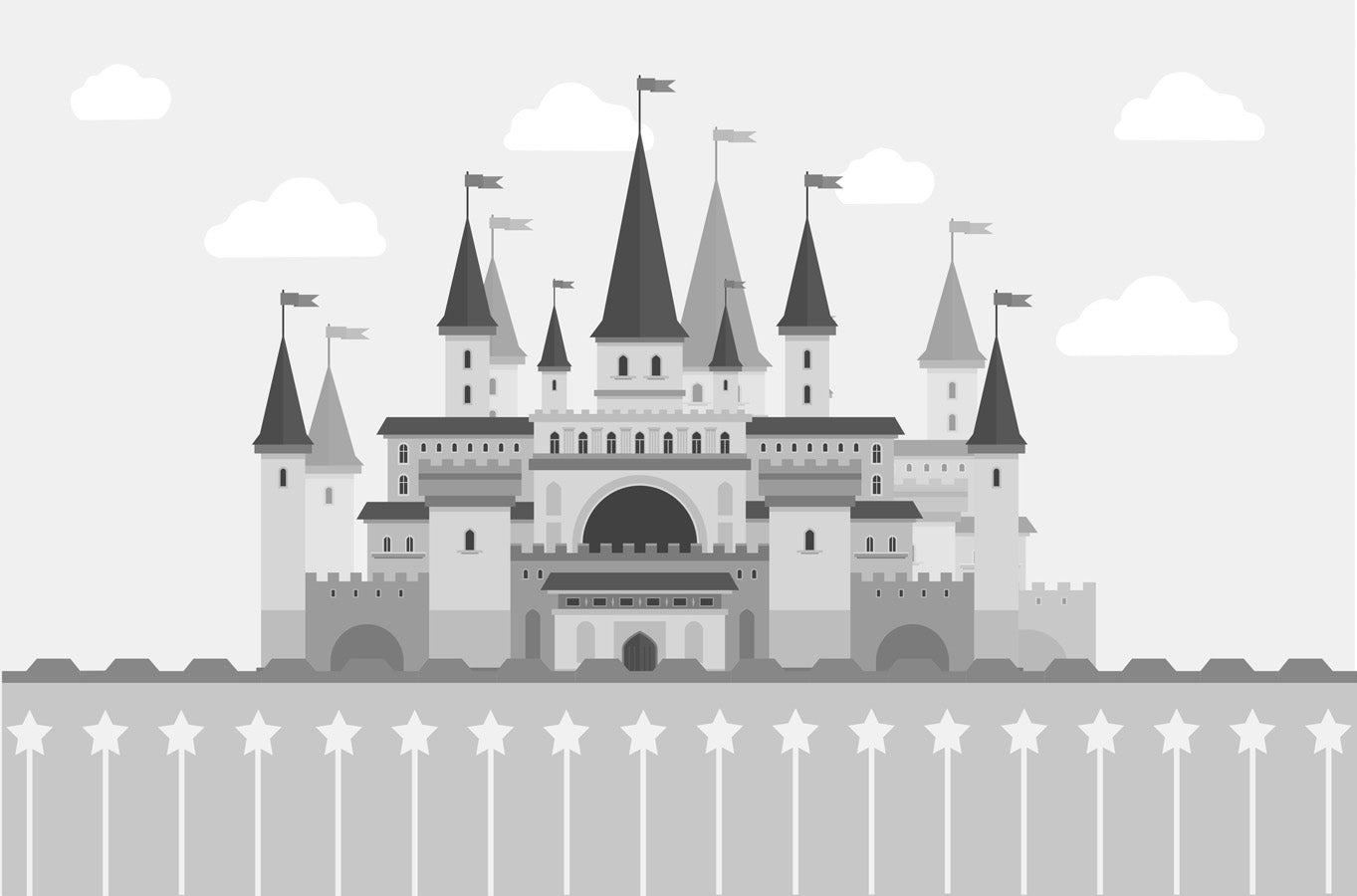 Papier peint enfant château princesse & prince noir et blanc, mural concept, tendance