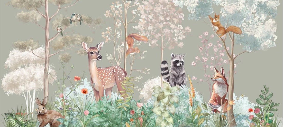 Papel pintado Dormitorio infantil naturaleza mágica salvia