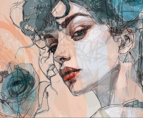 Papel pintado cara mujer rosa azul
