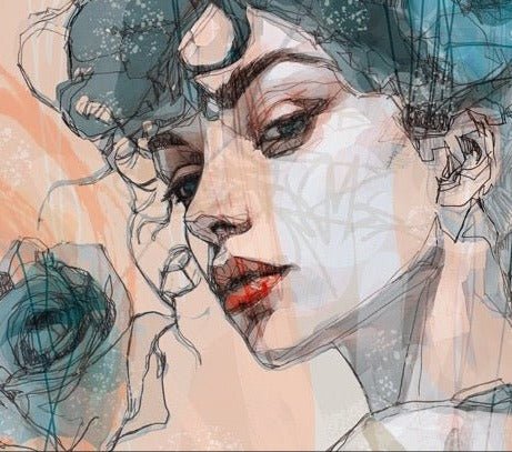 Papel pintado cara mujer rosa azul