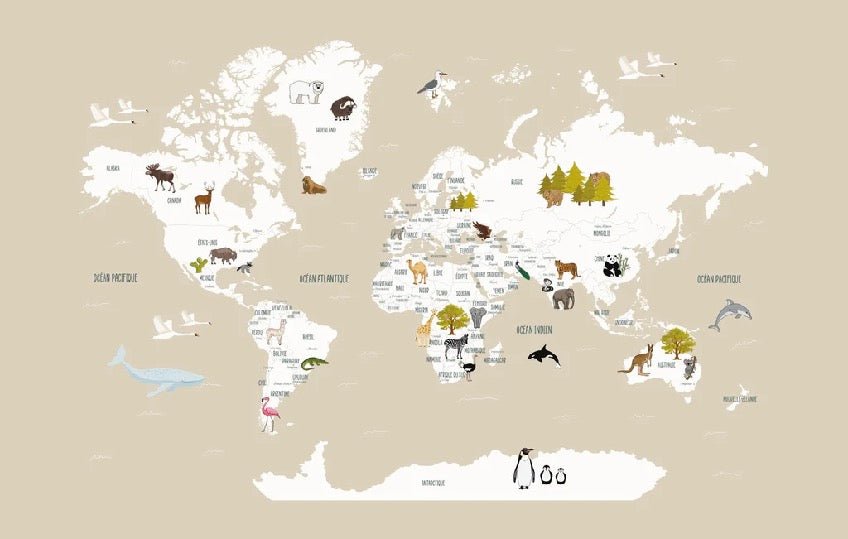 Papier peint Carte du monde en Francais enfant beige, XXL, tendance