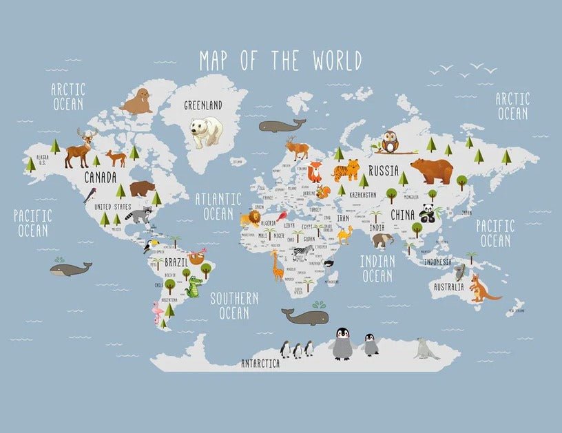 Papel pintado Mapa del mundo ilustrado Animales