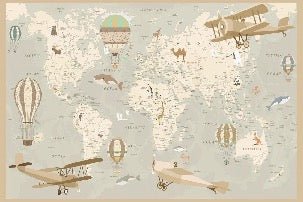 Papel pintado infantil mapa del mundo aviador