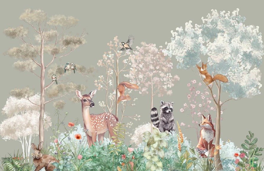 Papel pintado Dormitorio infantil naturaleza mágica salvia