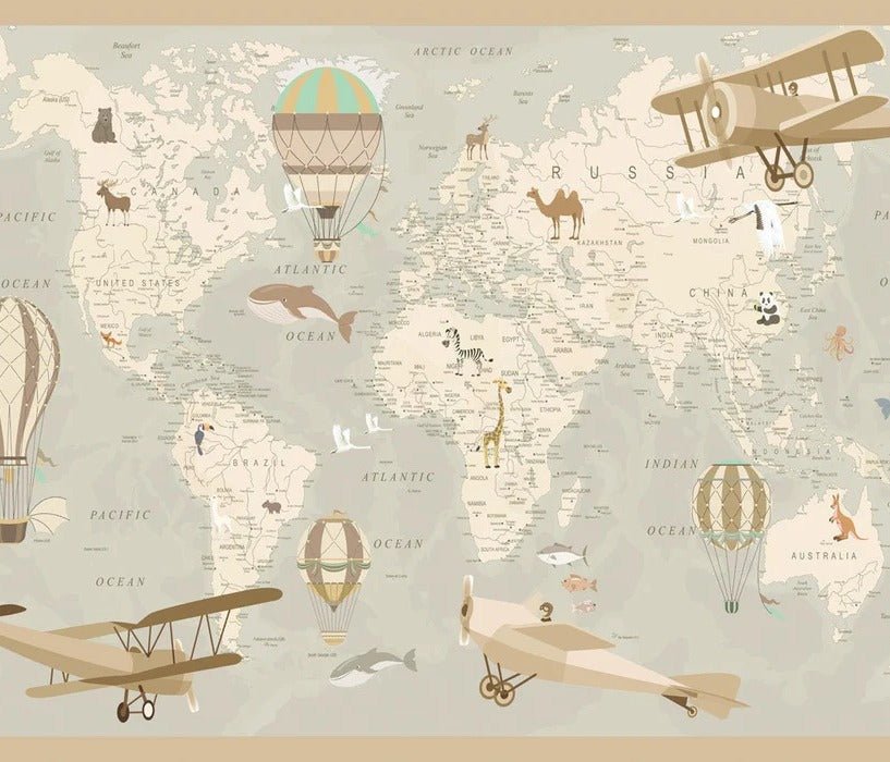 Papel pintado infantil mapa del mundo aviador