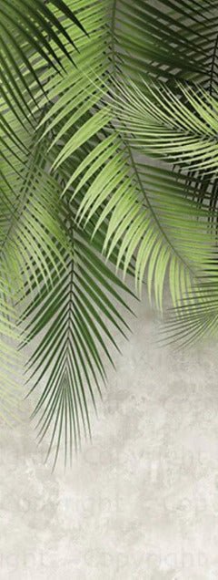 Papel pintado con hojas de palmera y pared de cemento
