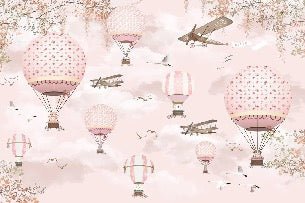 Papel pintado Globo aerostático animales rosa melocotón